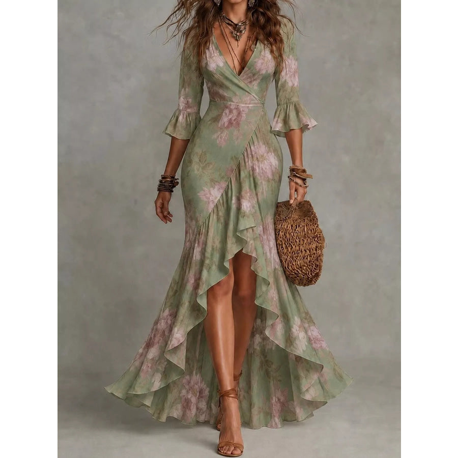 High-Low Ruffled Maxi Dress Army Green / XS Apparel and Accessories