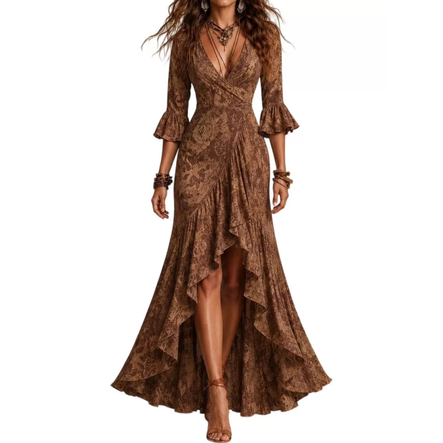High-Low Ruffled Maxi Dress Dark Brown / XS Apparel and Accessories