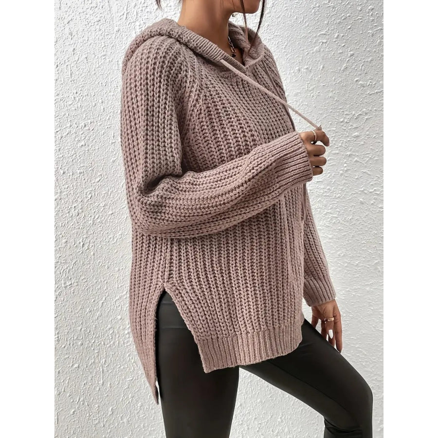 High-Low Side Slit Drawstring Long Sleeve Hooded Sweater Mocha / One Size Apparel and Accessories