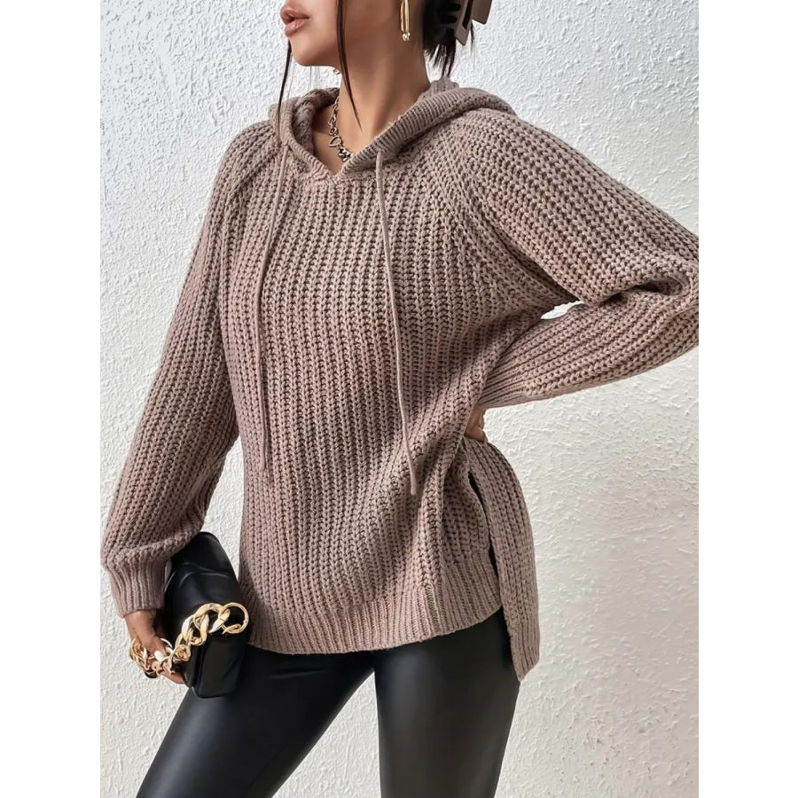 High-Low Side Slit Drawstring Long Sleeve Hooded Sweater Mocha / One Size Apparel and Accessories