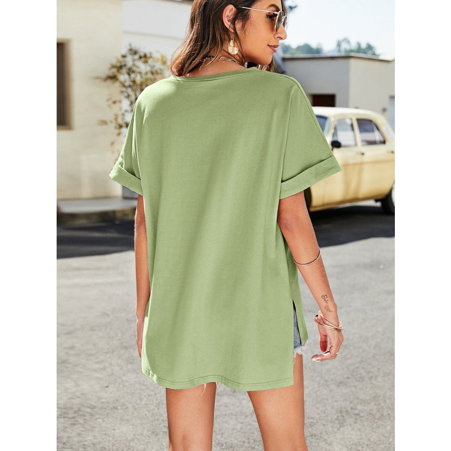 High-Low Side Slit V-Neck Tee Matcha / S