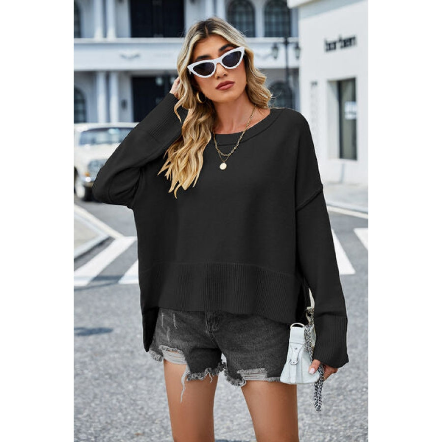 High-Low Slit Round Neck Long Sleeve Sweater Black / S Clothing