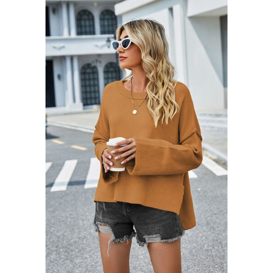 High-Low Slit Round Neck Long Sleeve Sweater Caramel / S Clothing