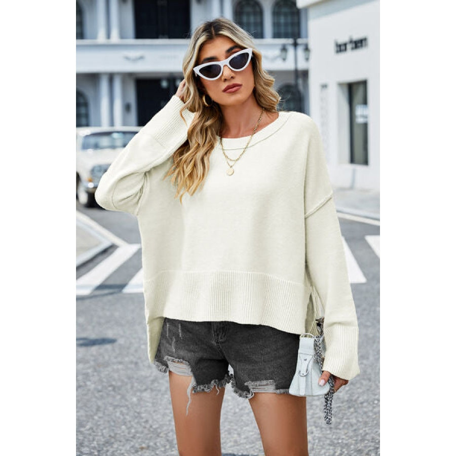 High-Low Slit Round Neck Long Sleeve Sweater Clothing