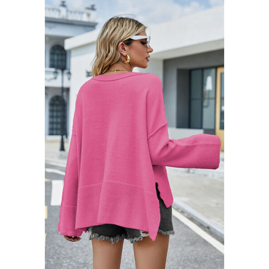 High-Low Slit Round Neck Long Sleeve Sweater Clothing