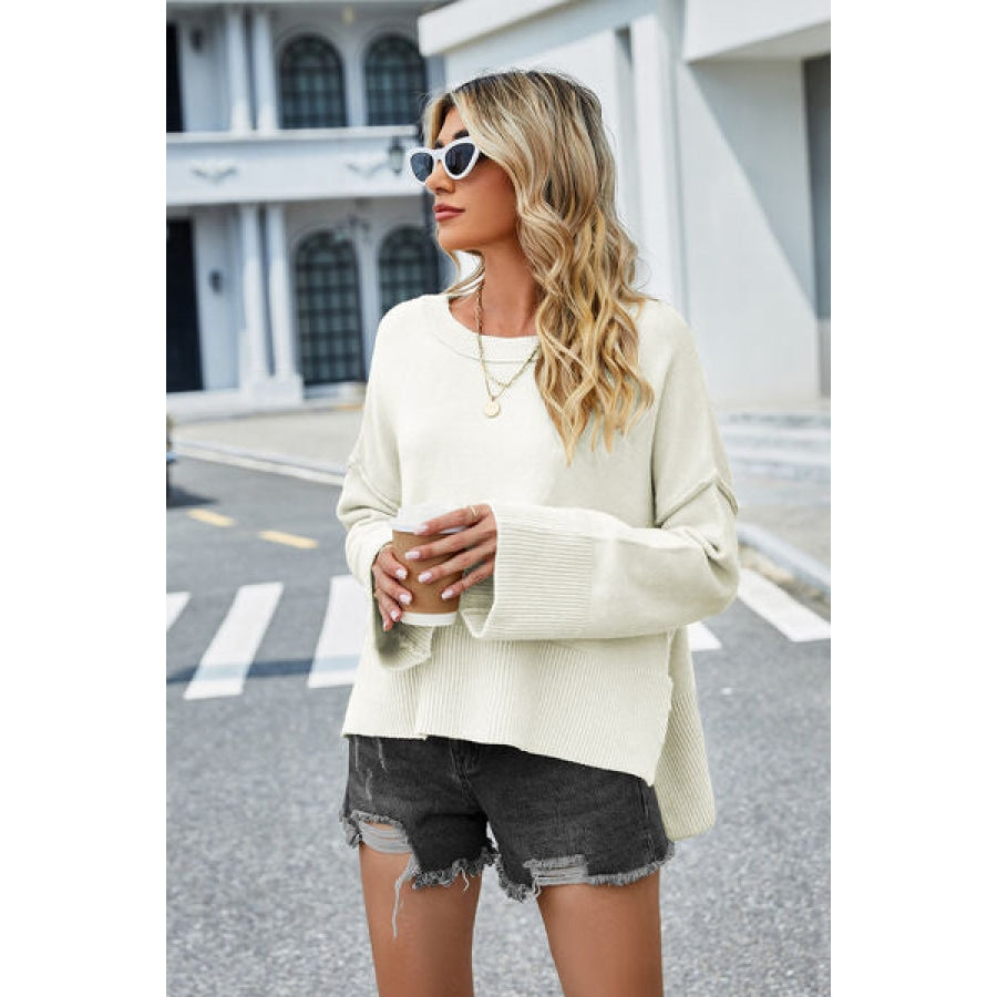 High-Low Slit Round Neck Long Sleeve Sweater Clothing