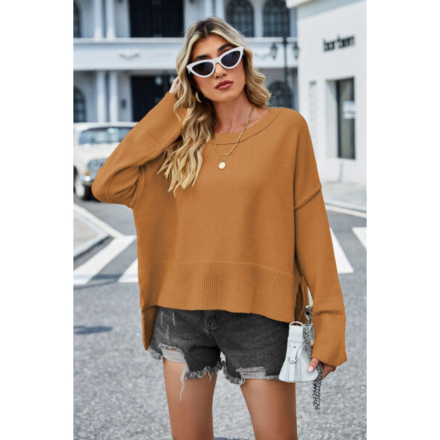 High-Low Slit Round Neck Long Sleeve Sweater Clothing