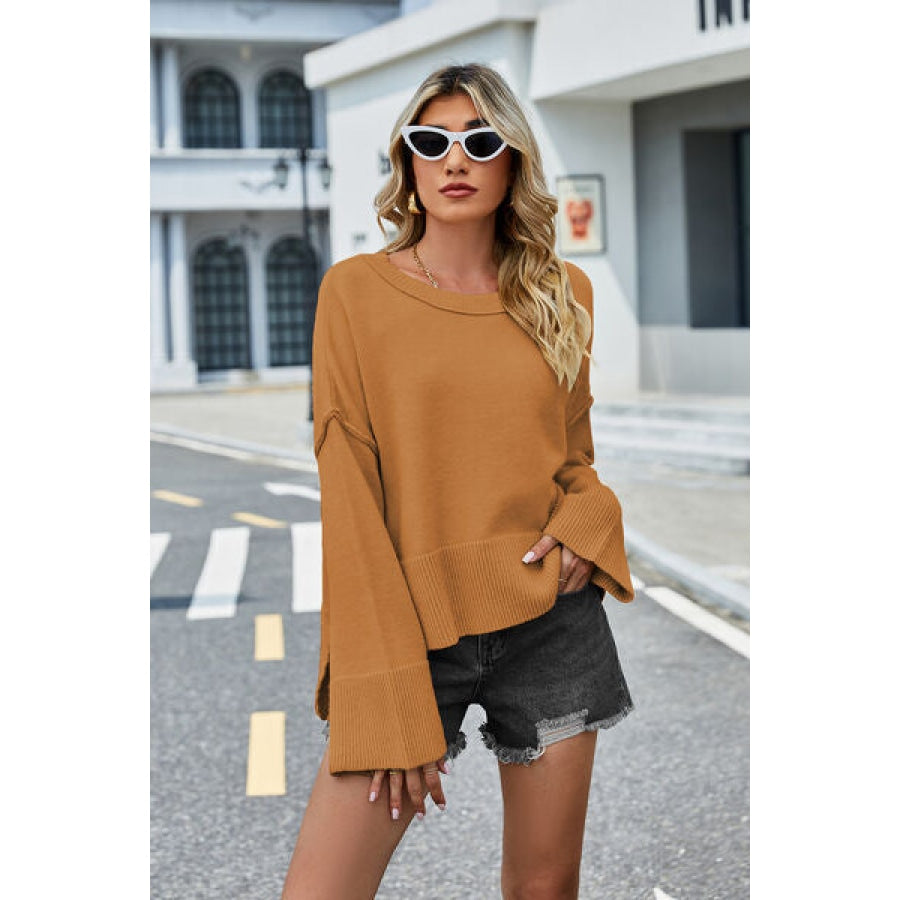 High-Low Slit Round Neck Long Sleeve Sweater Clothing