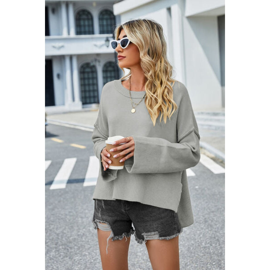 High-Low Slit Round Neck Long Sleeve Sweater Clothing