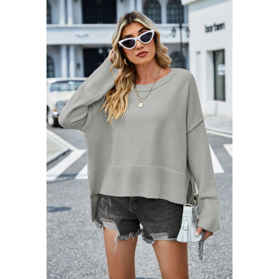 High-Low Slit Round Neck Long Sleeve Sweater Clothing