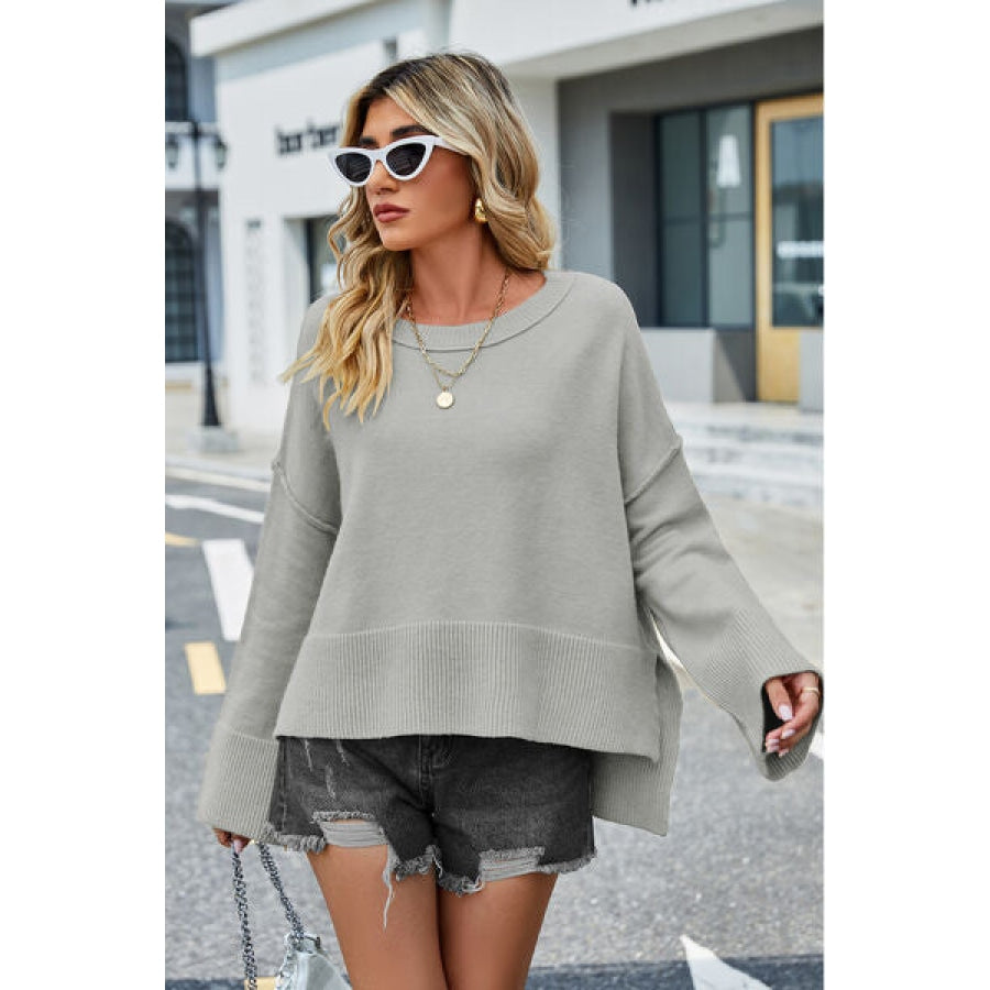 High-Low Slit Round Neck Long Sleeve Sweater Clothing