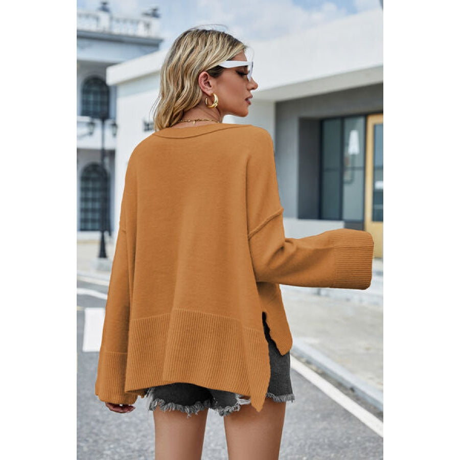 High-Low Slit Round Neck Long Sleeve Sweater Clothing