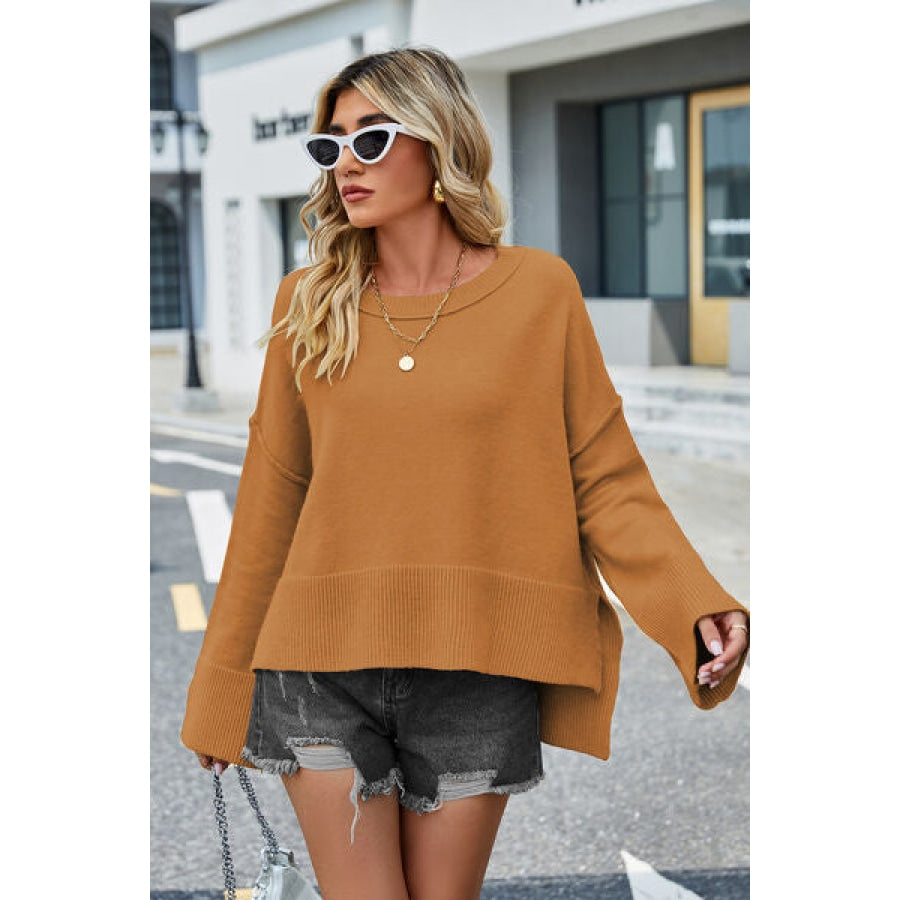 High-Low Slit Round Neck Long Sleeve Sweater Clothing