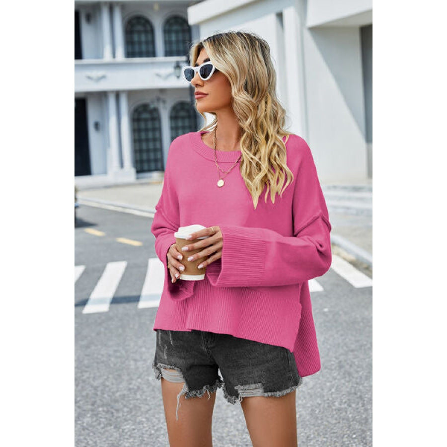 High-Low Slit Round Neck Long Sleeve Sweater Clothing