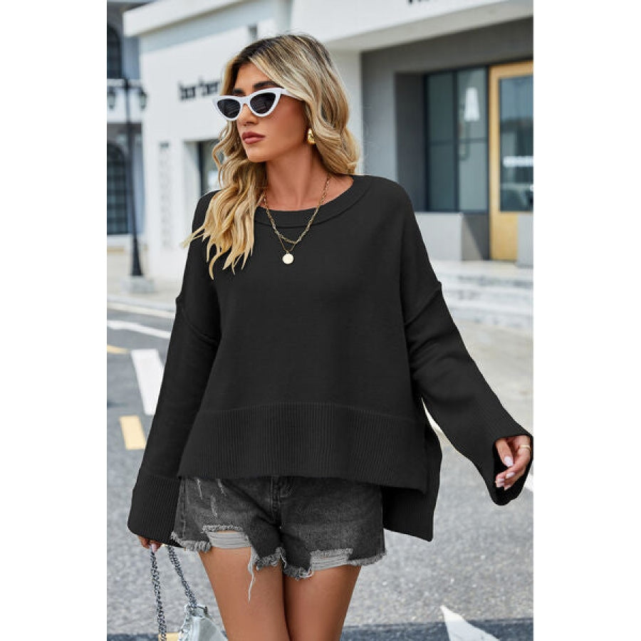 High-Low Slit Round Neck Long Sleeve Sweater Clothing