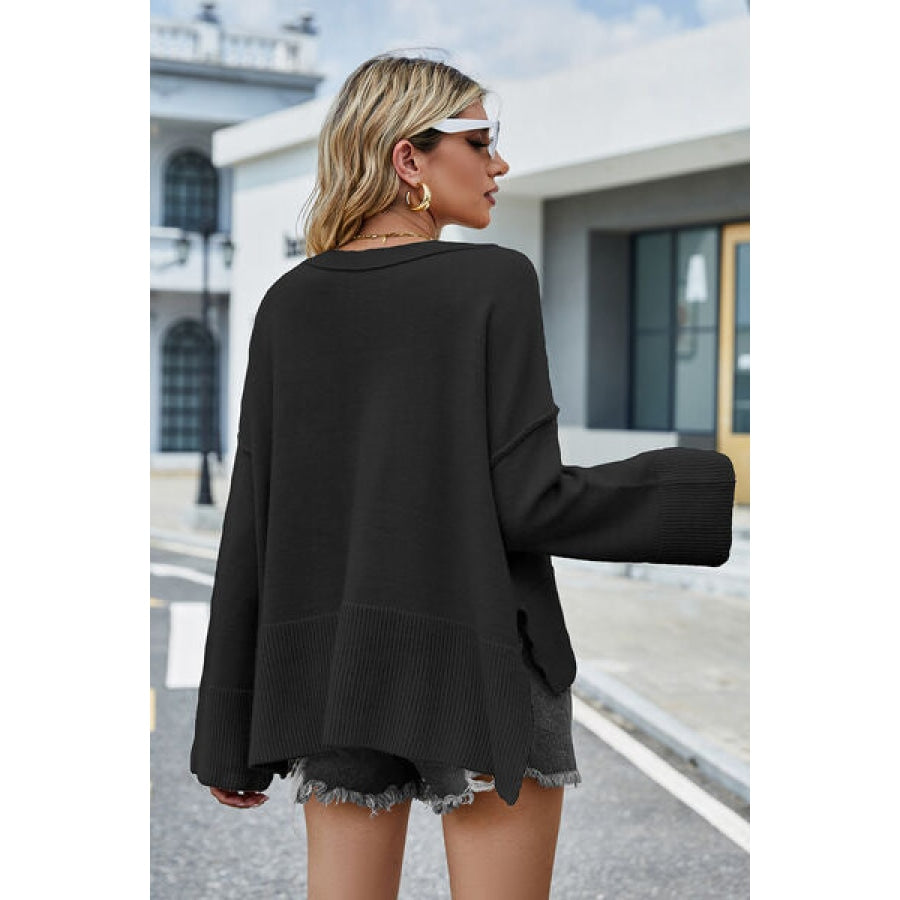 High-Low Slit Round Neck Long Sleeve Sweater Clothing