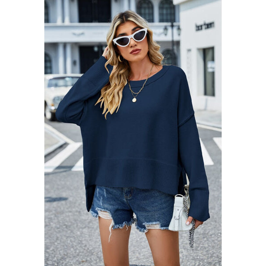 High-Low Slit Round Neck Long Sleeve Sweater Clothing