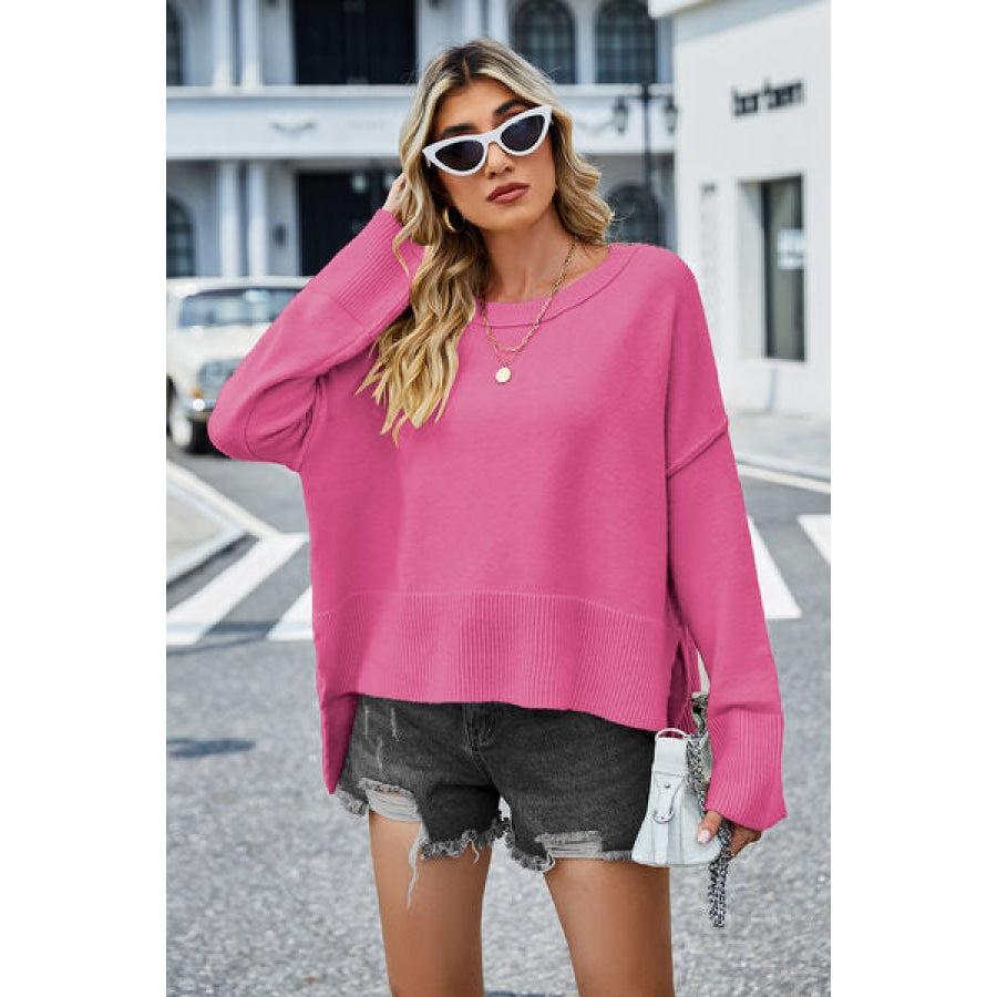 High-Low Slit Round Neck Long Sleeve Sweater Clothing