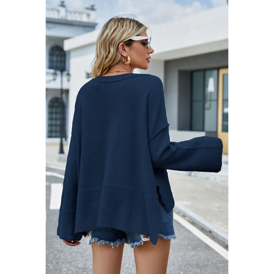 High-Low Slit Round Neck Long Sleeve Sweater Clothing