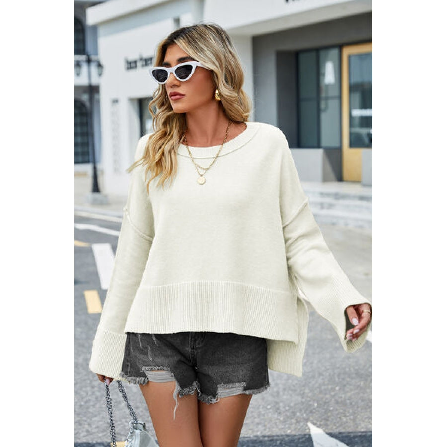 High-Low Slit Round Neck Long Sleeve Sweater Cream / S Clothing