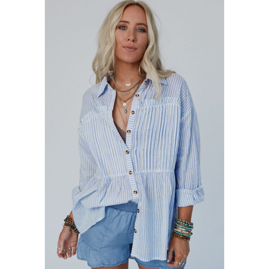 High-Low Striped Collared Neck Long Sleeve Shirt Light Blue / S Apparel and Accessories