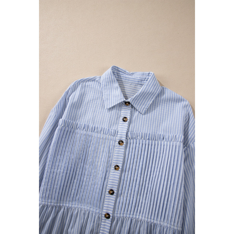 High-Low Striped Collared Neck Long Sleeve Shirt Apparel and Accessories