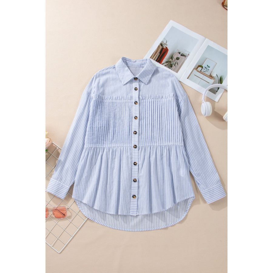 High-Low Striped Collared Neck Long Sleeve Shirt Apparel and Accessories