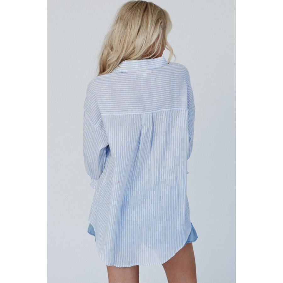 High-Low Striped Collared Neck Long Sleeve Shirt Apparel and Accessories