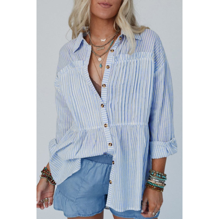 High-Low Striped Collared Neck Long Sleeve Shirt Light Blue / S Apparel and Accessories