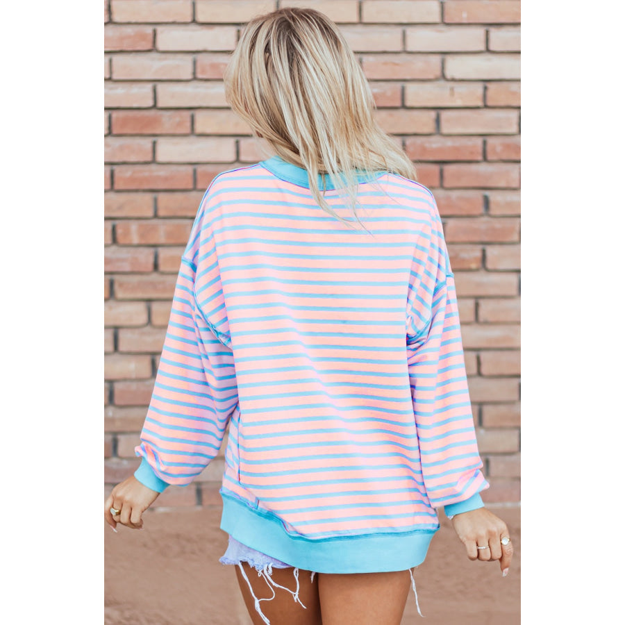 High-Low Striped Long Sleeve Sweatshirt Apparel and Accessories