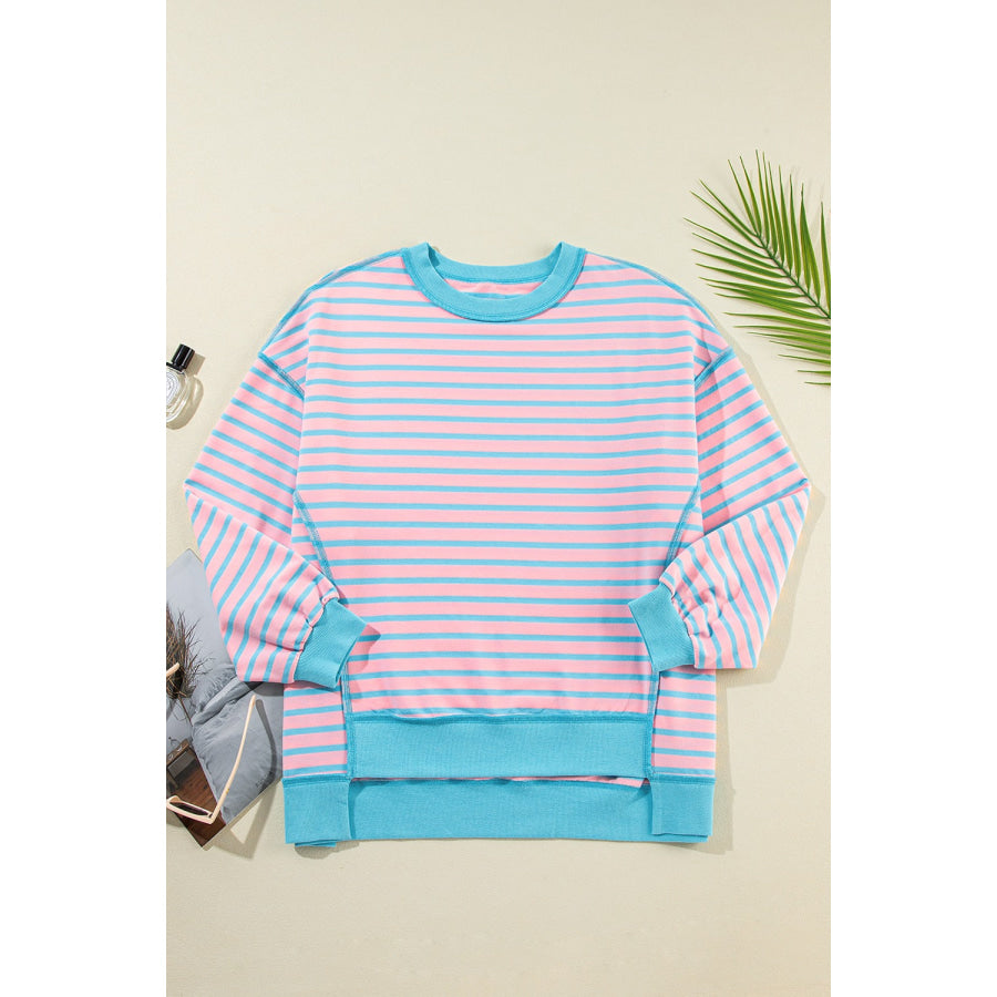 High-Low Striped Long Sleeve Sweatshirt Apparel and Accessories