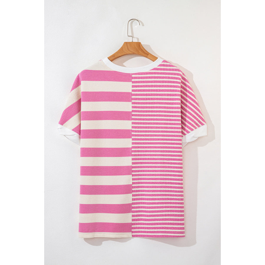 High-Low Striped Round Neck Short Sleeve T-Shirt Apparel and Accessories