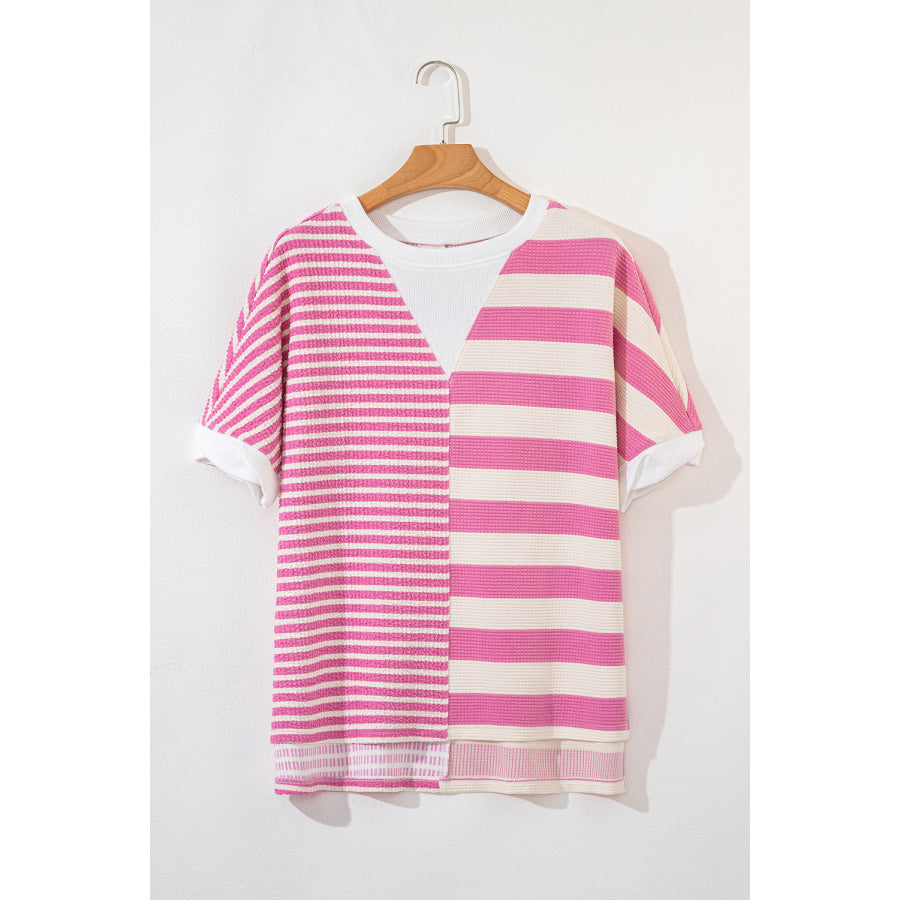 High-Low Striped Round Neck Short Sleeve T-Shirt Apparel and Accessories