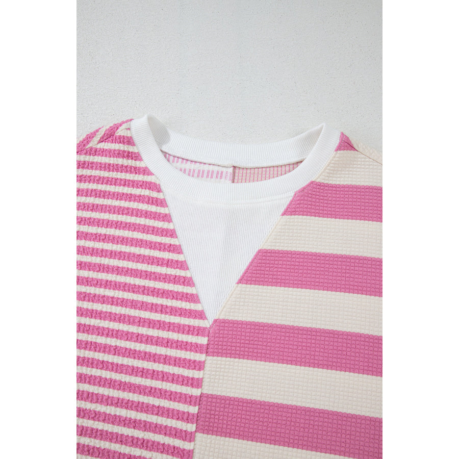 High-Low Striped Round Neck Short Sleeve T-Shirt Apparel and Accessories