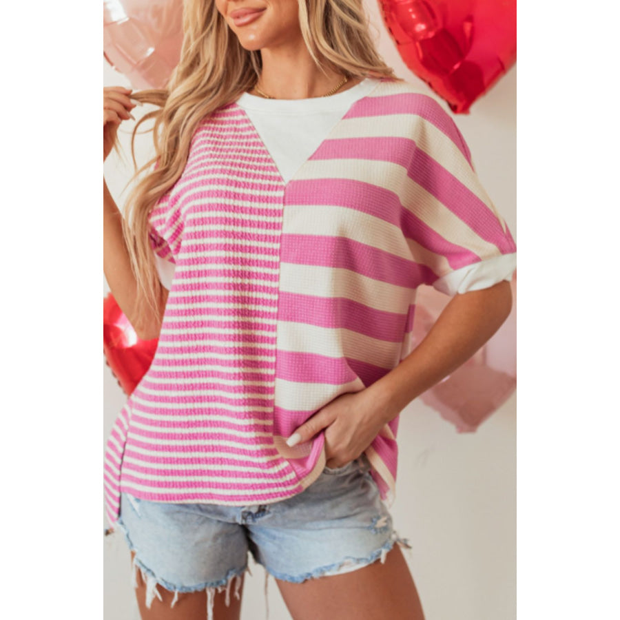 High-Low Striped Round Neck Short Sleeve T-Shirt Pink / S Apparel and Accessories