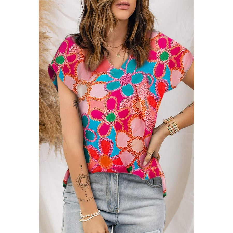 High-Low V-Neck Short Sleeve Blouse Floral / S