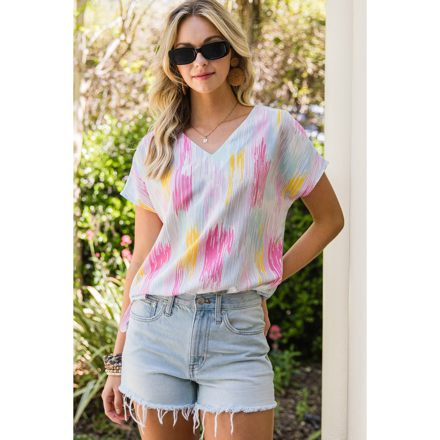 High-Low V-Neck Short Sleeve Blouse Multicolor / S
