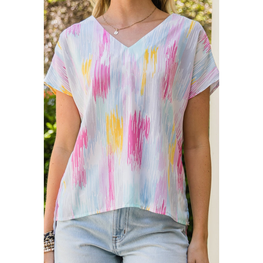 High-Low V-Neck Short Sleeve Blouse