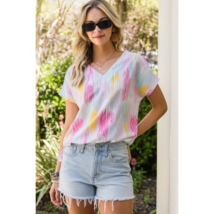 High-Low V-Neck Short Sleeve Blouse