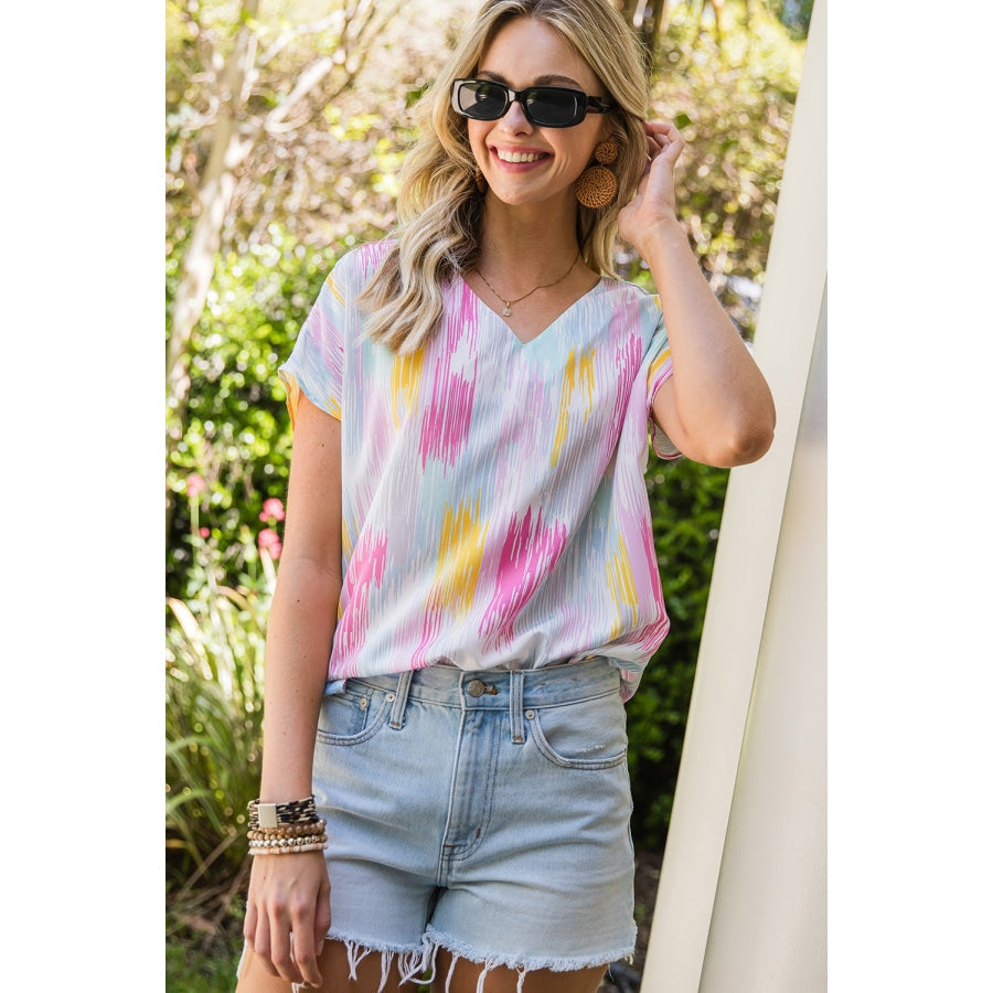 High-Low V-Neck Short Sleeve Blouse