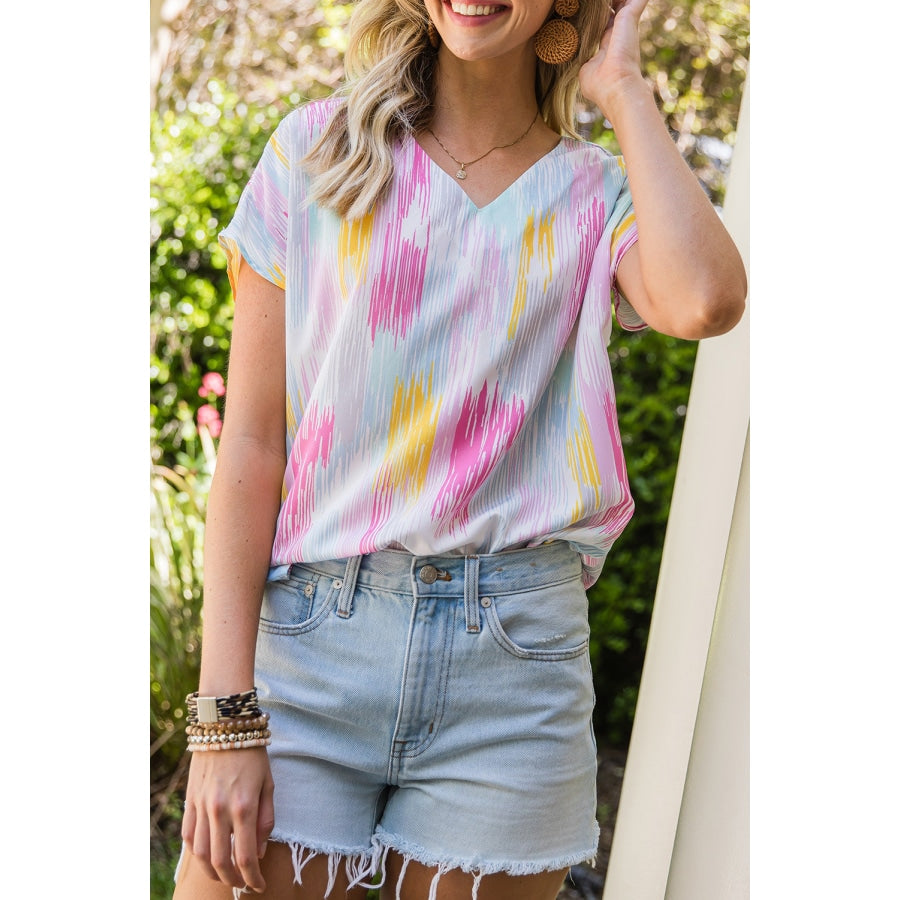 High-Low V-Neck Short Sleeve Blouse