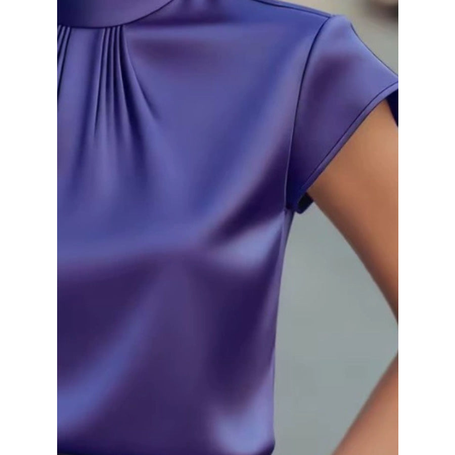 High Neck Cap Sleeve Satin Blouse Apparel and Accessories
