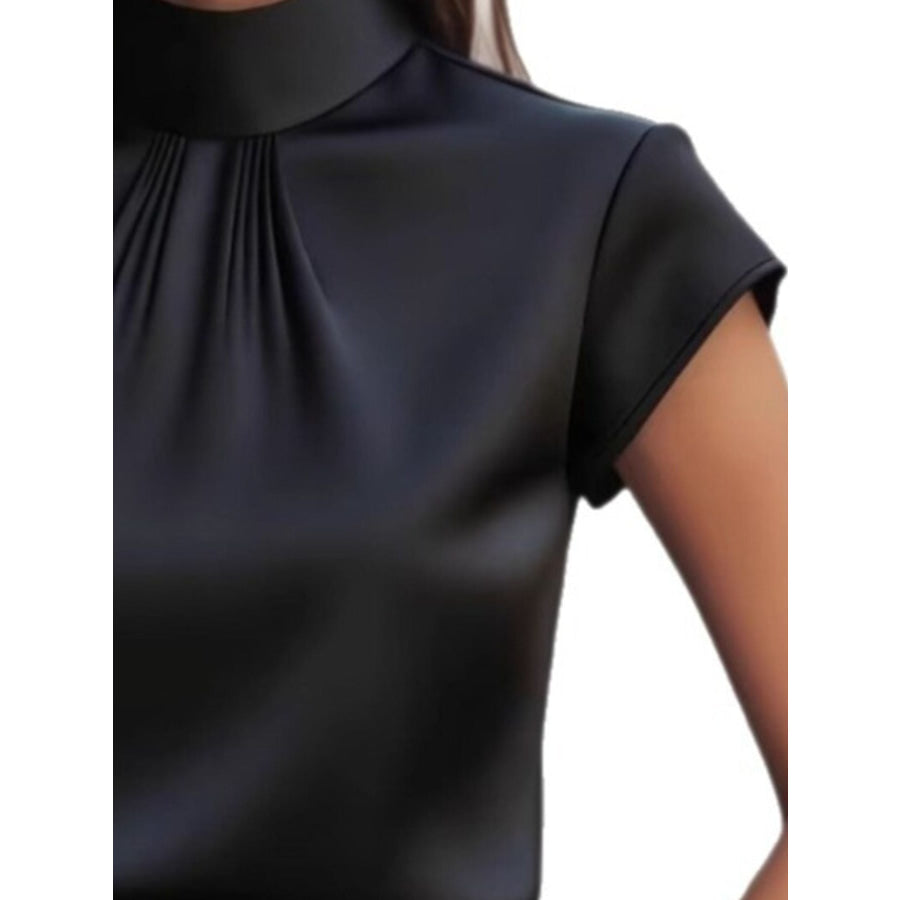 High Neck Cap Sleeve Satin Blouse Apparel and Accessories