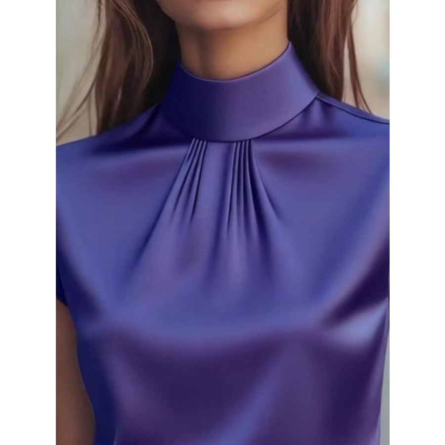 High Neck Cap Sleeve Satin Blouse Purple Blue / S Apparel and Accessories