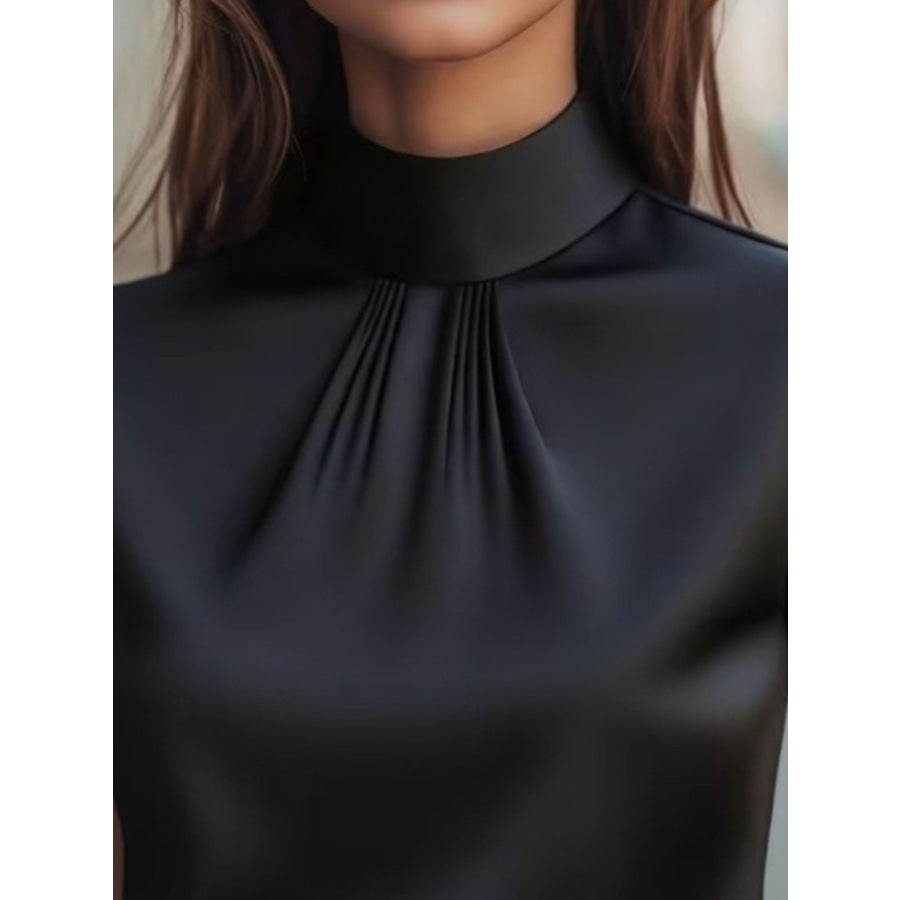 High Neck Cap Sleeve Satin Blouse Apparel and Accessories