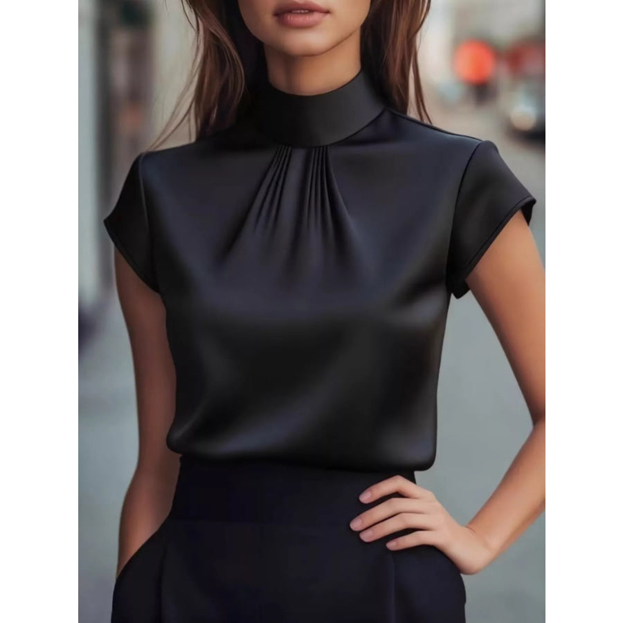 High Neck Cap Sleeve Satin Blouse Black / S Apparel and Accessories