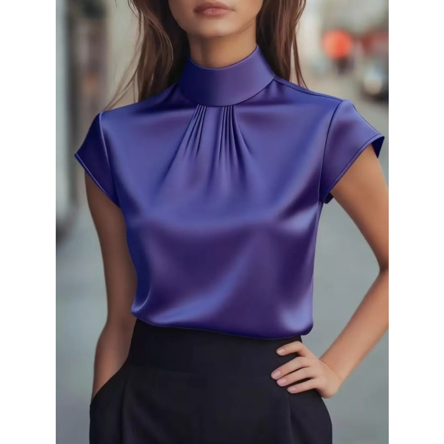 High Neck Cap Sleeve Satin Blouse Purple Blue / S Apparel and Accessories