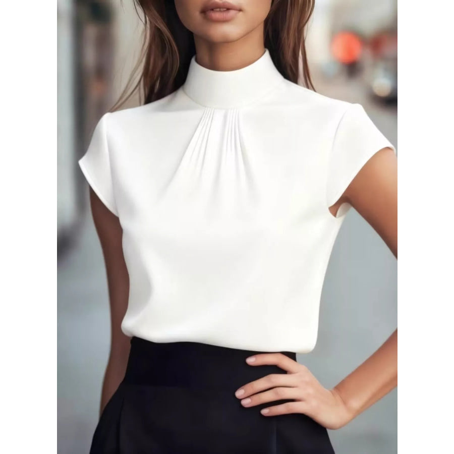 High Neck Cap Sleeve Satin Blouse White / S Apparel and Accessories