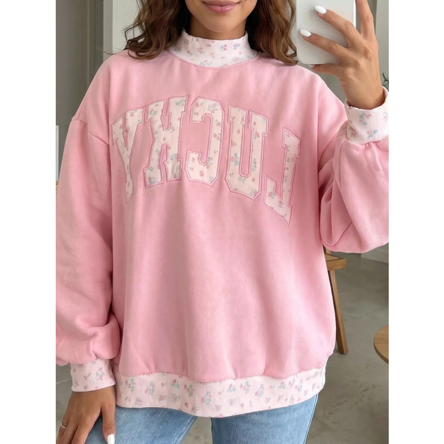 High Neck Floral Patch Embroidery Long Sleeve Sweatshirt Blush Pink / S Apparel and Accessories