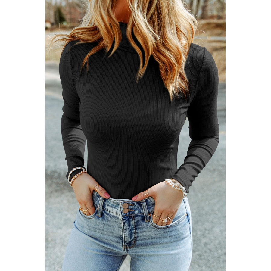 High Neck Long Sleeve Ribbed Top Black / L